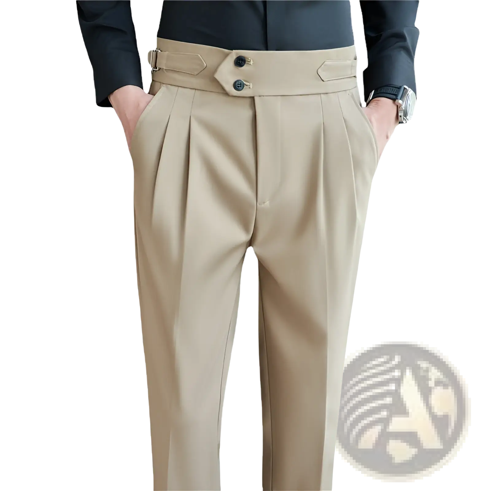 Beige mens pleated drape casual trousers made of lightweight fabric with a belt looped at the waist
