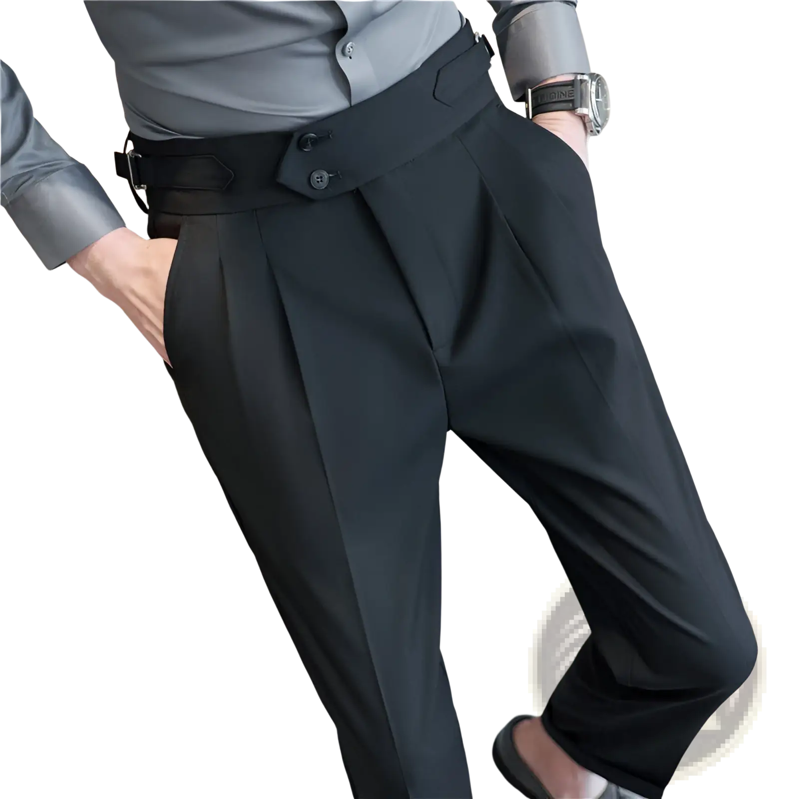 Mens pleated drape casual trousers in black tailored fabric with a wide belt and two-button detail for modern wear