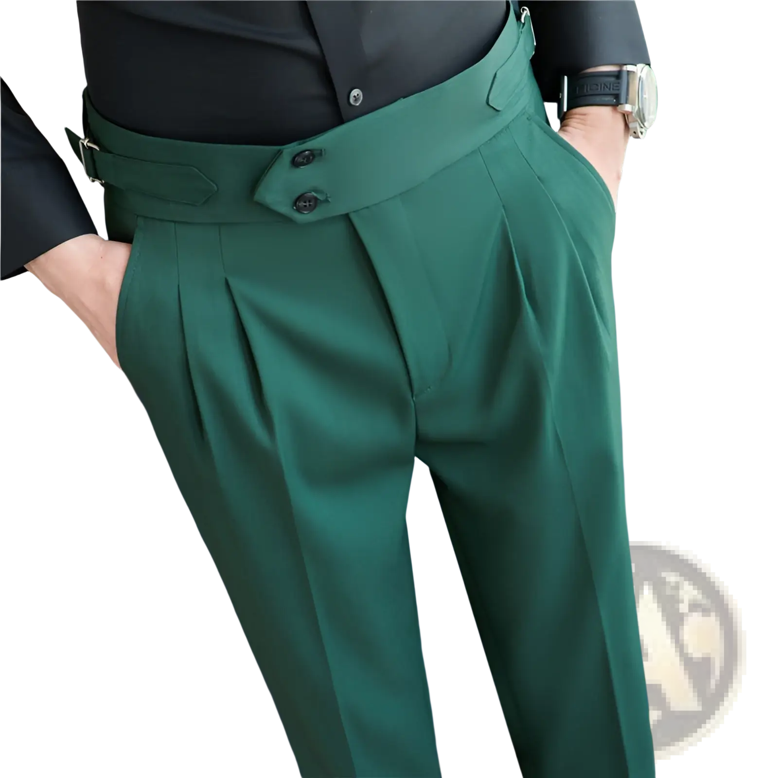 Dark green mens pleated drape casual trousers with structured waistband featuring black buttons and silver buckle