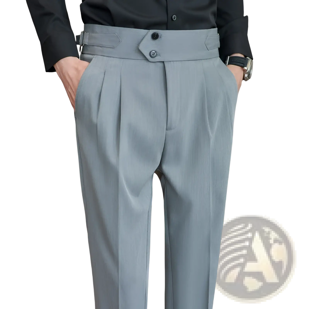 Light gray mens pleated drape casual trousers with structured waistband, two black buttons, and belt loops