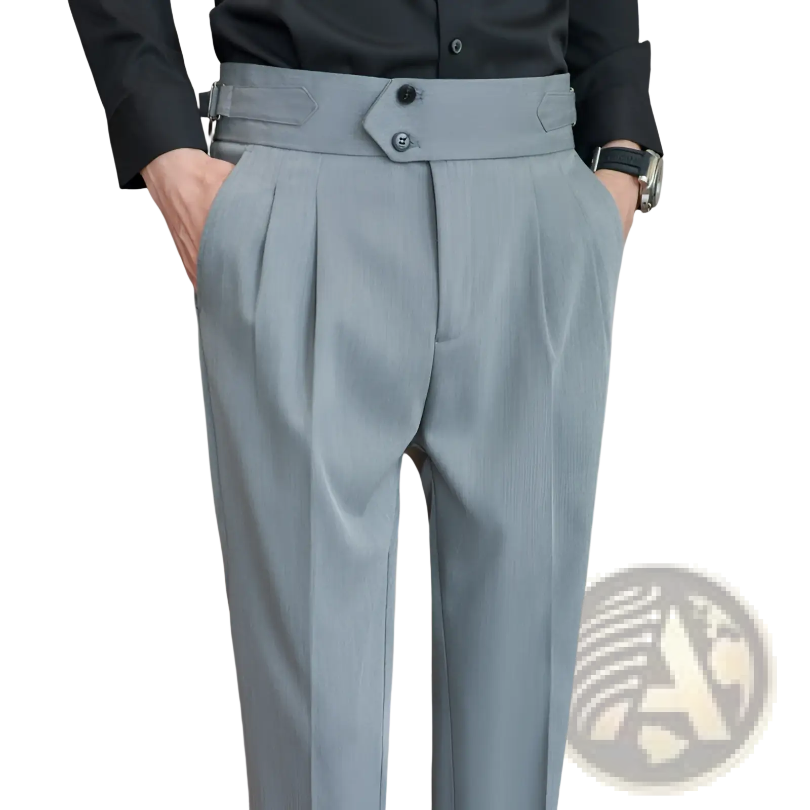Light gray mens pleated drape casual trousers with structured waistband, two black buttons, and belt loops
