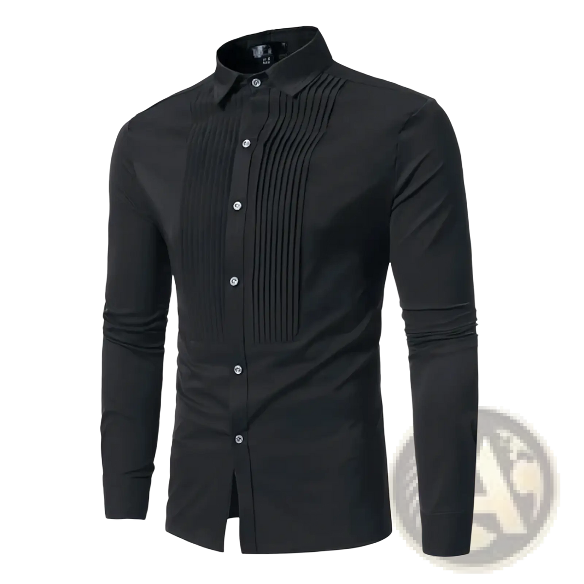 Mens pleated front formal dress shirt slim fit black with silver buttons and long sleeves for elegant occasions