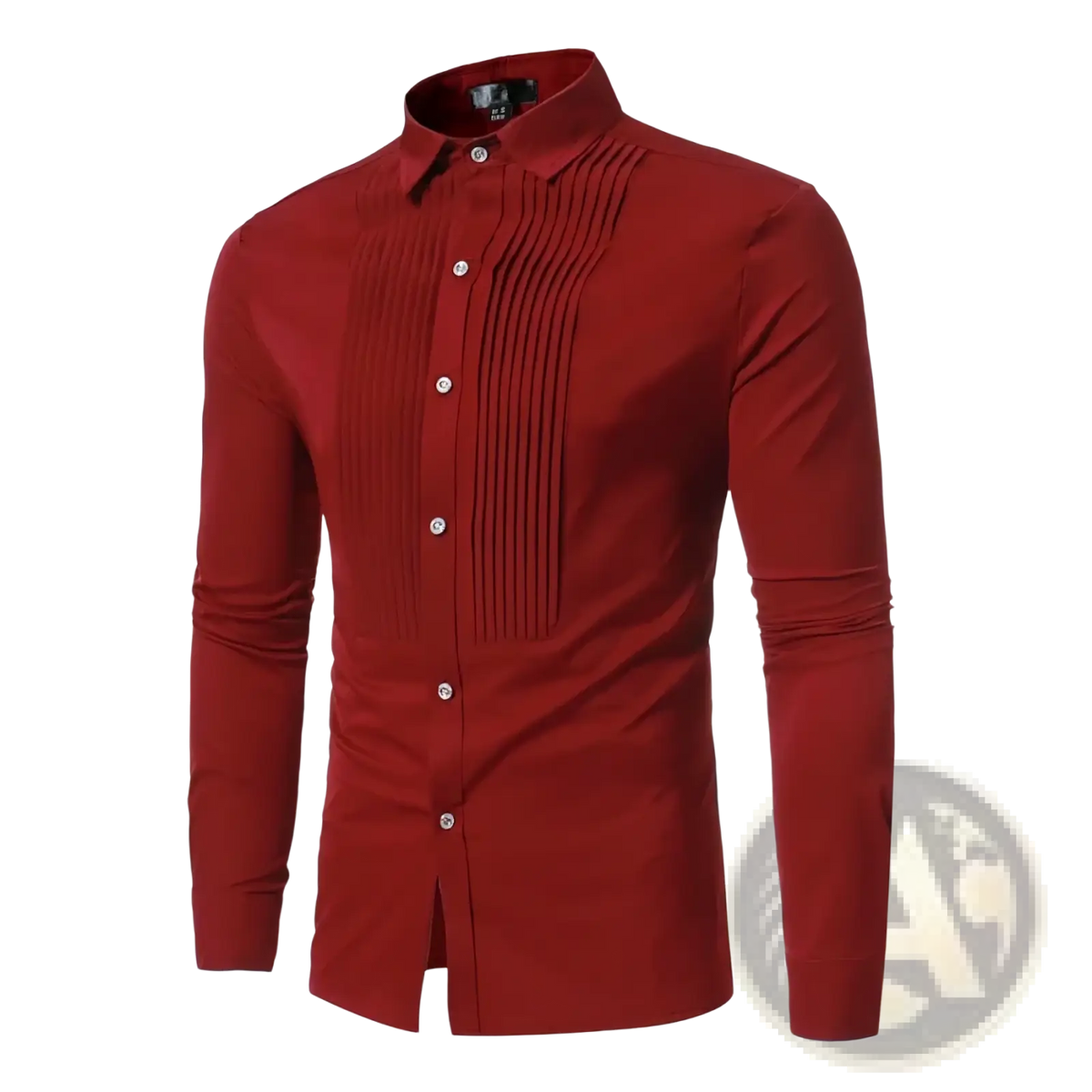 Men’s slim fit long sleeve formal dress shirt in rich burgundy with pleated front panel and white buttons