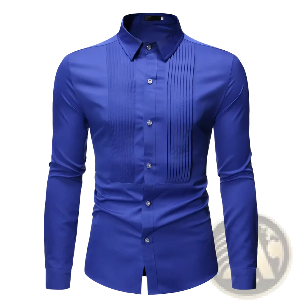 A vibrant royal blue mens pleated front formal dress shirt with tailored fit and silver buttons for formal occasions