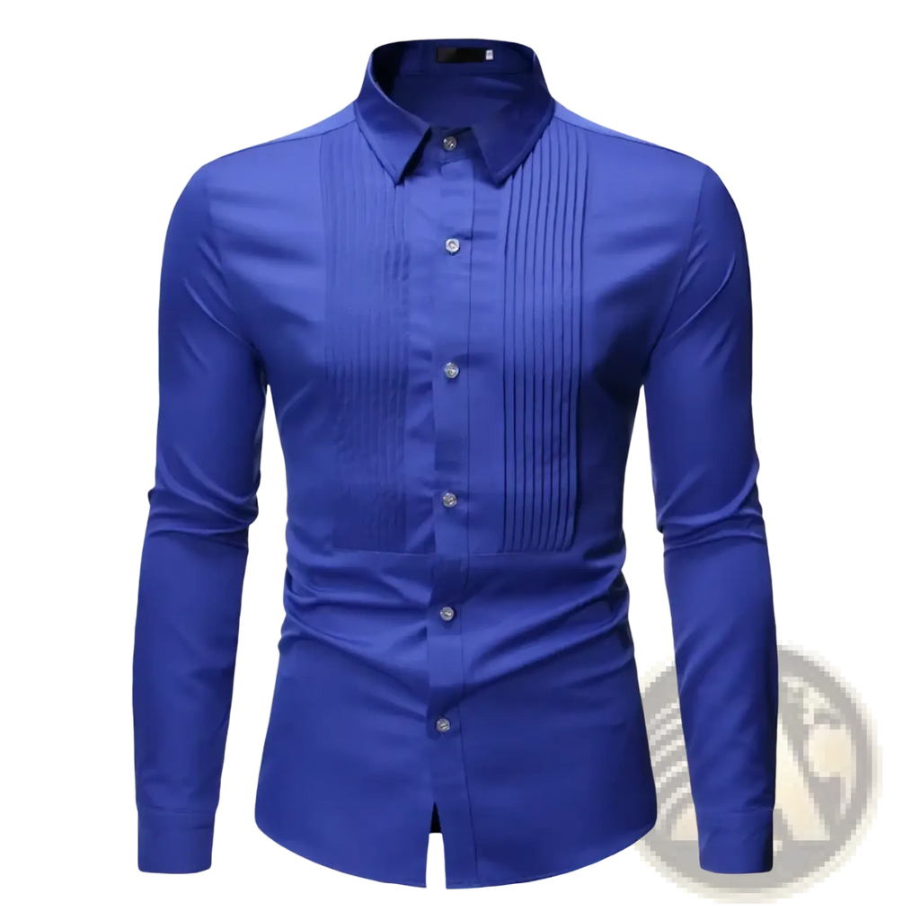 Royal blue btsukimi men’s slim fit long sleeve formal dress shirt with pleated front panel and silver buttons
