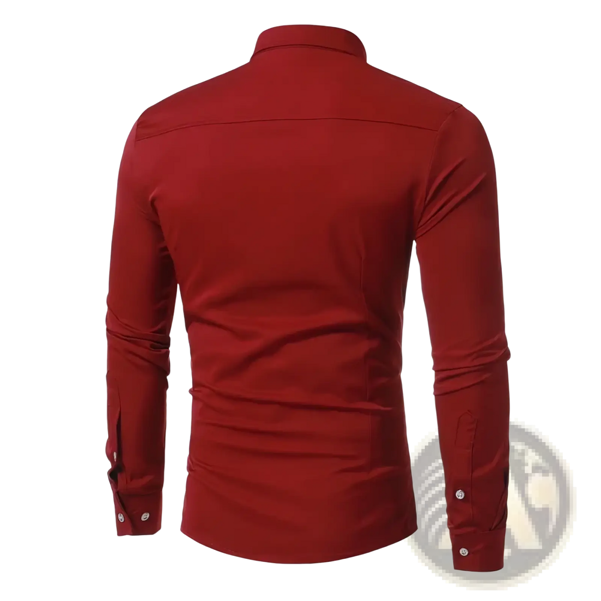 Mens pleated front formal dress shirt slim fit long sleeve in rich burgundy with tailored fit and subtle stitching details