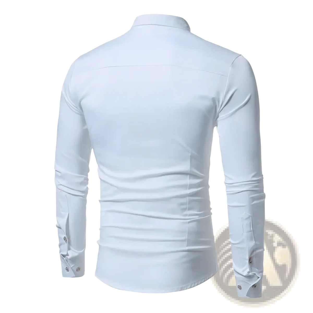 White slim fit men’s pleated front long sleeve dress shirt with classic collar and buttoned cuffs for formal wear