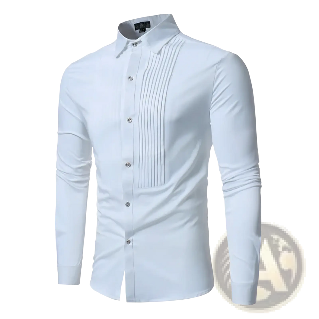 Mens pleated front formal dress shirt slim fit long sleeve white with pleated front panel and silver buttons