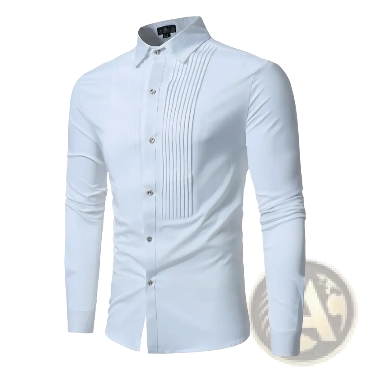 Mens pleated front formal dress shirt slim fit long sleeve white with pleated front panel and silver buttons