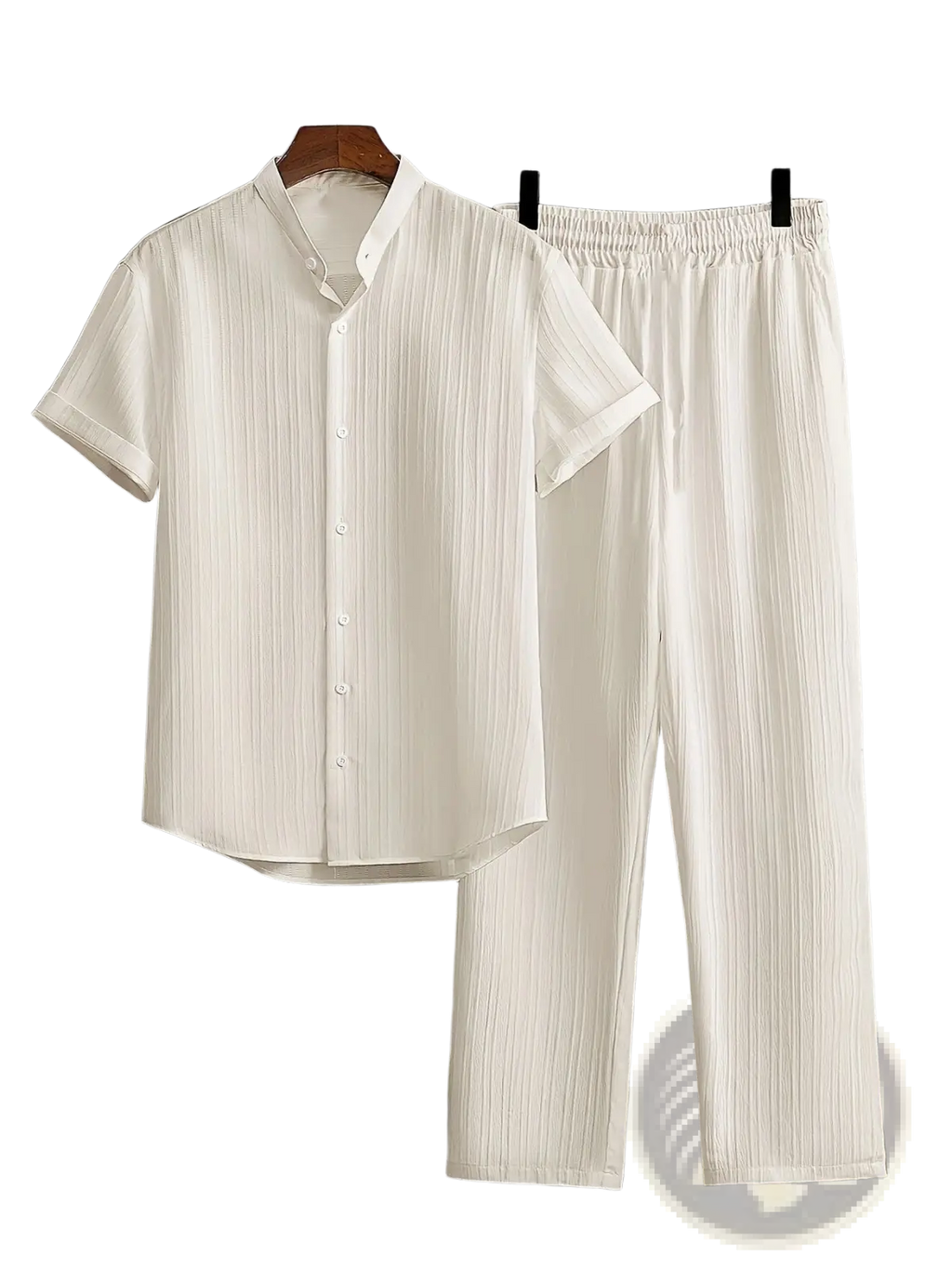 Mens pleated short sleeve shirt and pants set in white with vertical pleats and matching trousers for formal wear