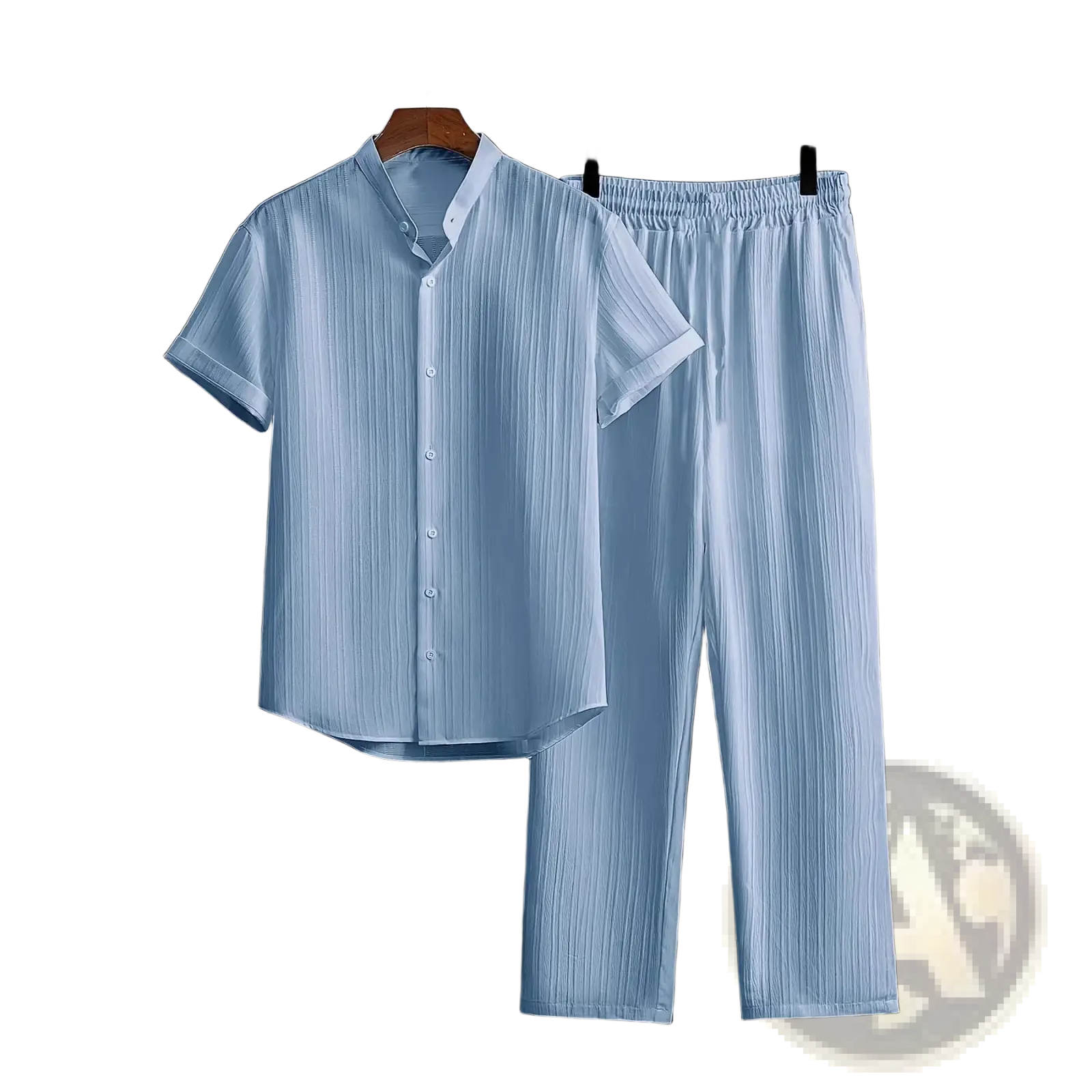 Mens pleated short sleeve shirt and pants set in light blue striped fabric with button-up shirt and elastic waist pants