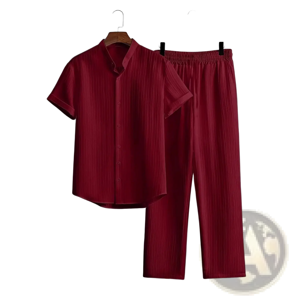 Mens pleated short sleeve shirt and matching pants set in red featuring lightweight breathable fabric