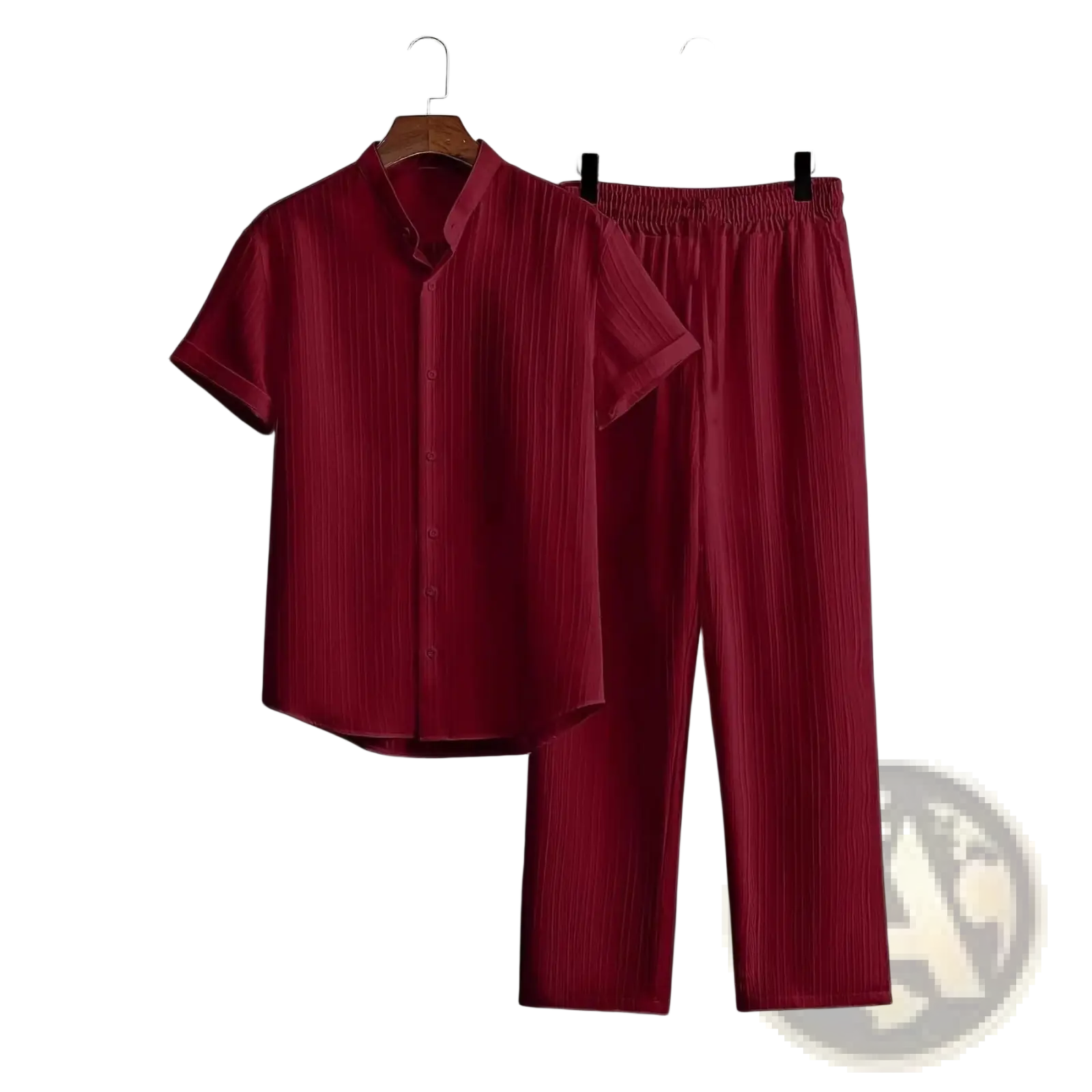 Mens pleated short sleeve shirt and matching pants set in red featuring lightweight breathable fabric