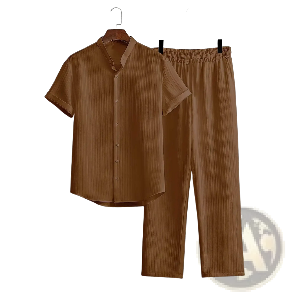 Mens tan pleated short sleeve button up shirt and matching pants set made from lightweight fabric for casual wear
