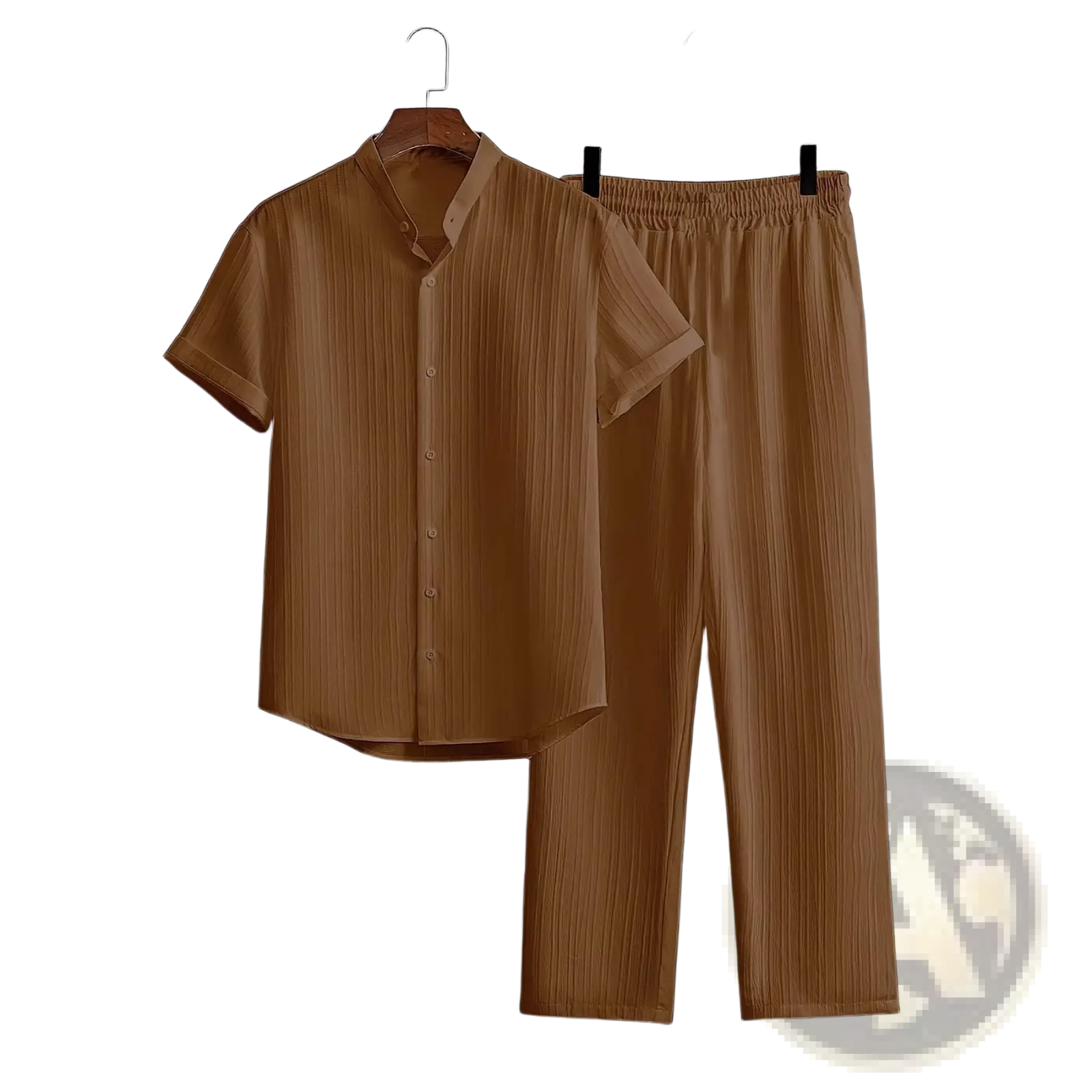 Mens tan pleated short sleeve button up shirt and matching pants set made from lightweight fabric for casual wear