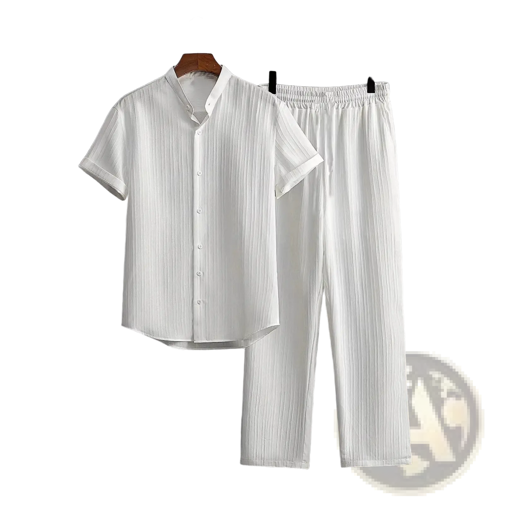 Mens pleated short sleeve shirt and pants set in white with vertical ribbed texture made from lightweight fabric