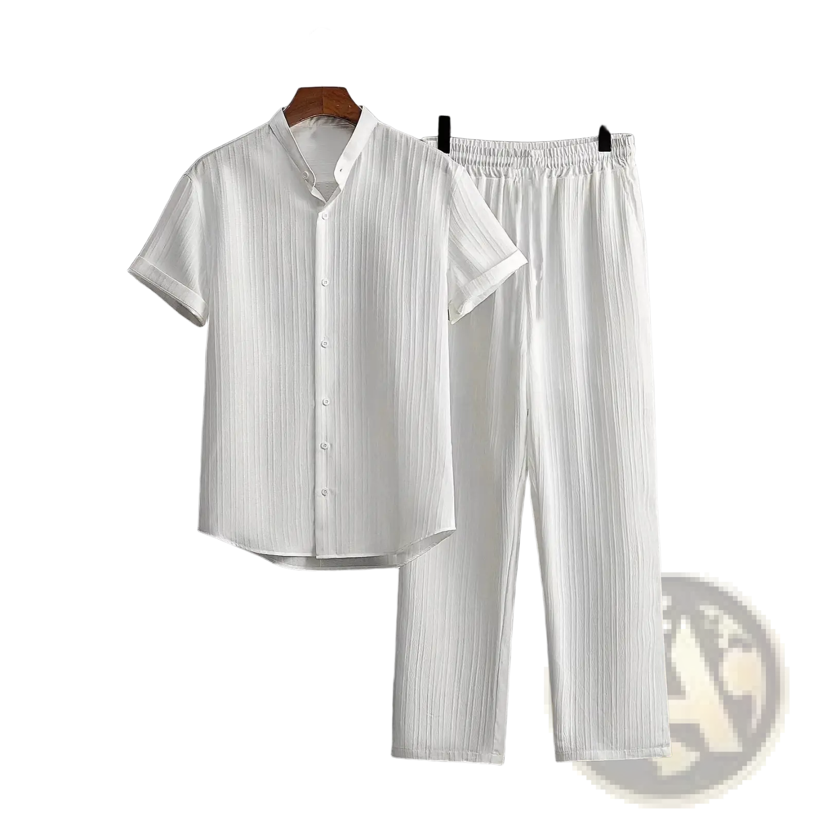 Mens pleated short sleeve shirt and pants set in white with vertical ribbed texture made from lightweight fabric