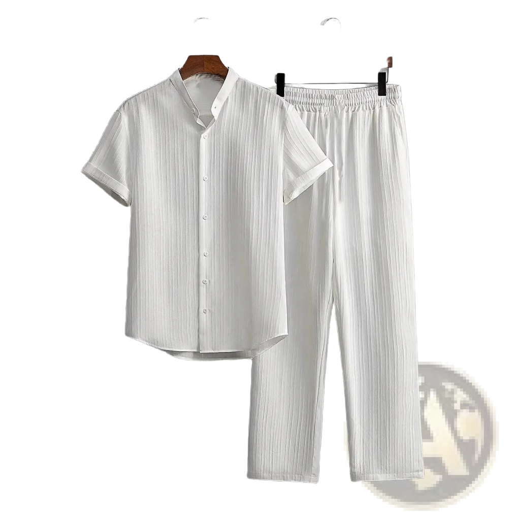 Mens pleated short sleeve shirt and pants set in white featuring vertical pleats for a stylish casual look