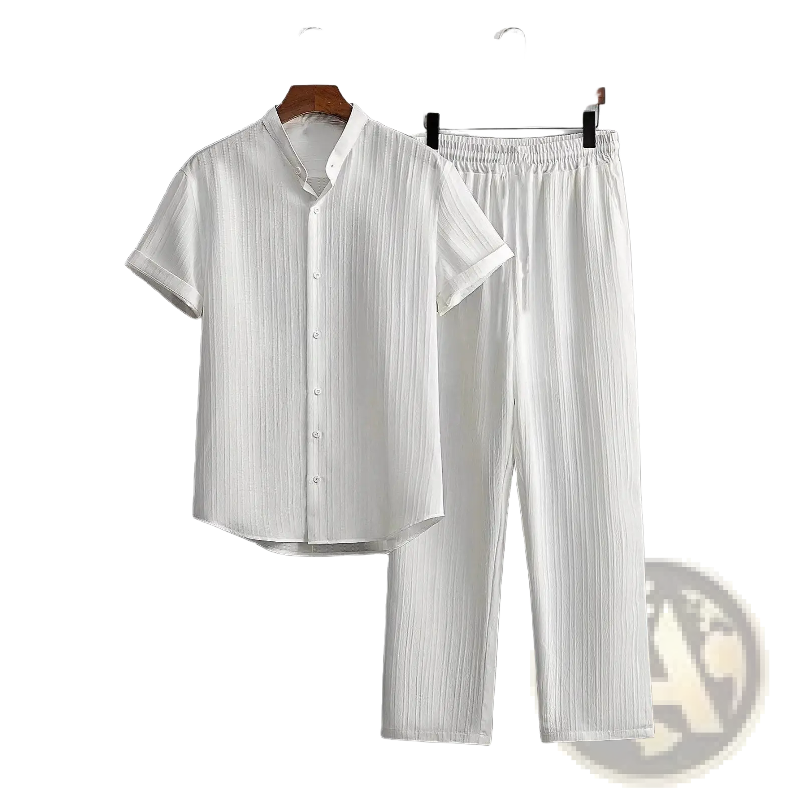 Mens pleated short sleeve shirt and pants set in white featuring vertical pleats for a stylish casual look