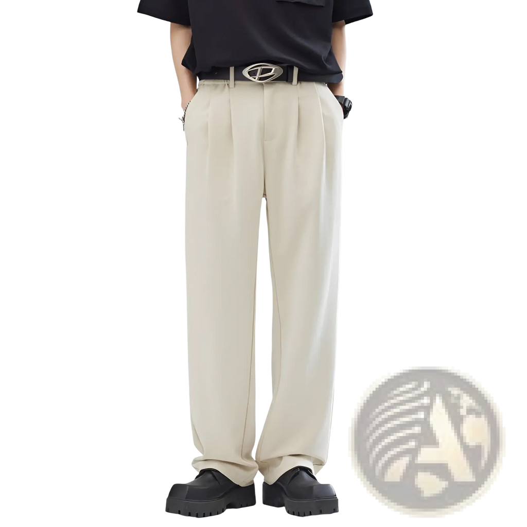 Men’s beige pleated wide-leg relaxed fit trousers with smooth tailored fabric and clean vertical seams