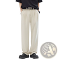 Men’s beige pleated wide-leg relaxed fit trousers with smooth tailored fabric and clean vertical seams