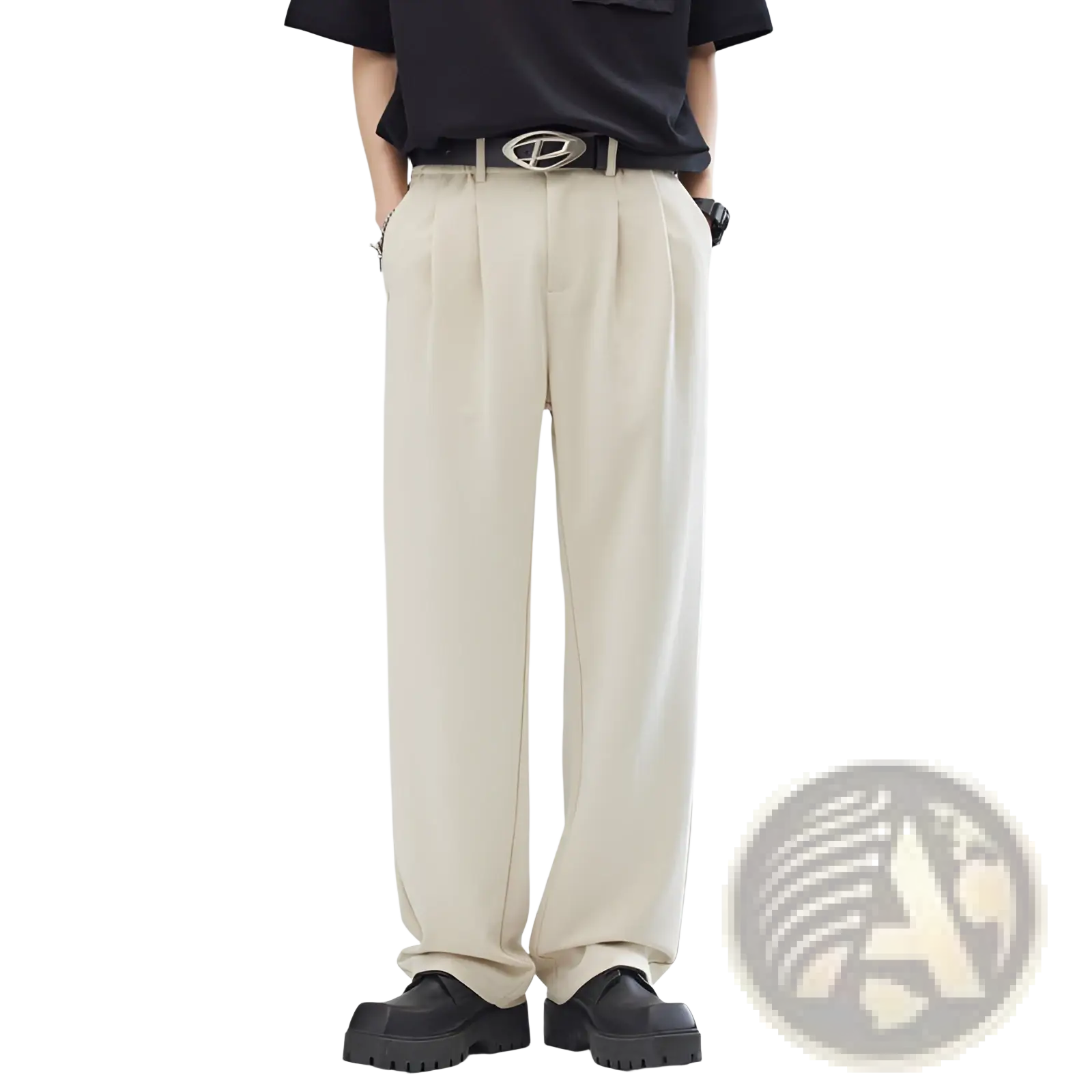 Men’s beige pleated wide-leg relaxed fit trousers with smooth tailored fabric and clean vertical seams