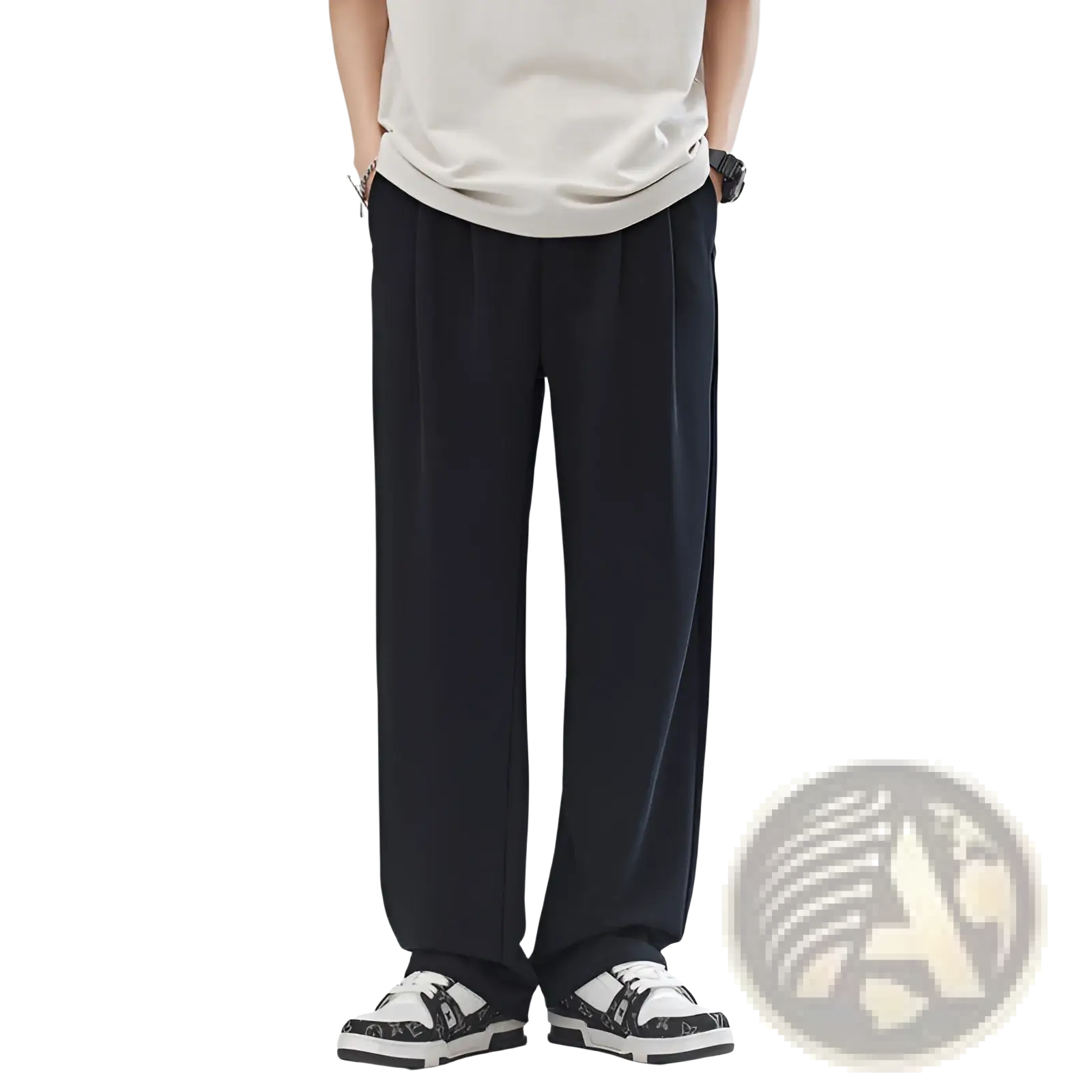Men’s black pleated wide leg relaxed fit trousers with subtle waist pleats and loose straight-leg cut in soft fabric