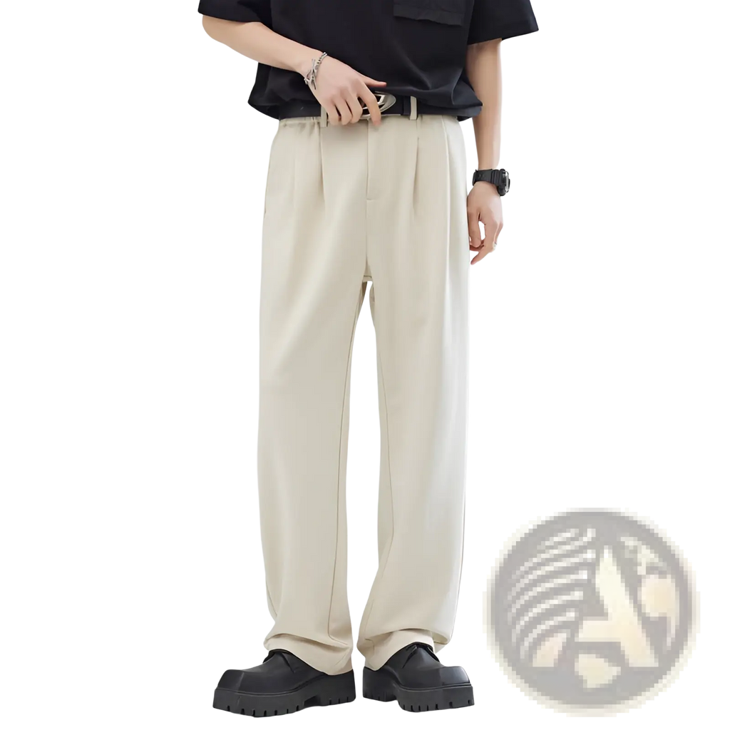 Beige pleated wide-leg relaxed fit trousers with subtle vertical stitching for men in lightweight fabric