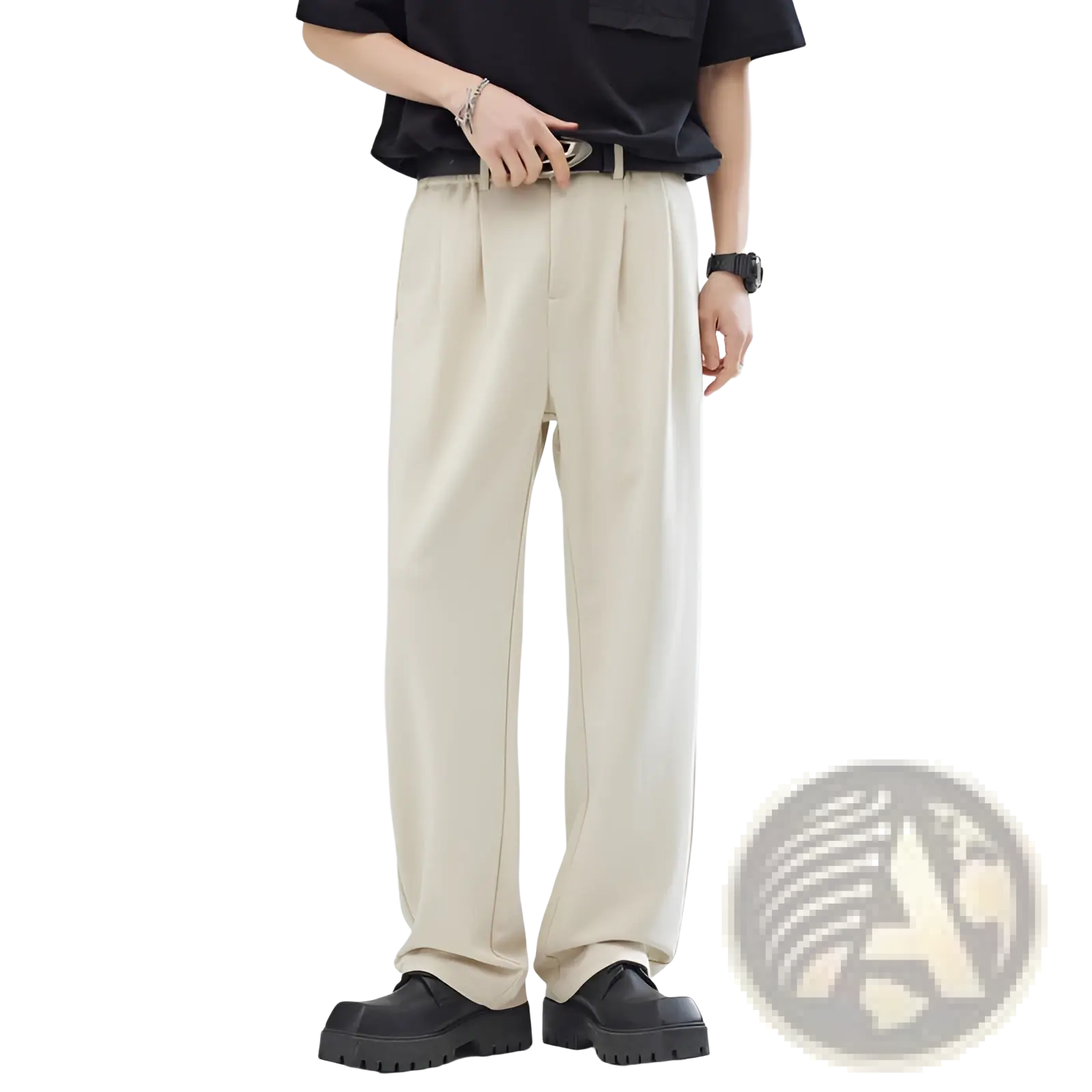 Beige pleated wide-leg relaxed fit trousers with subtle vertical stitching for men in lightweight fabric