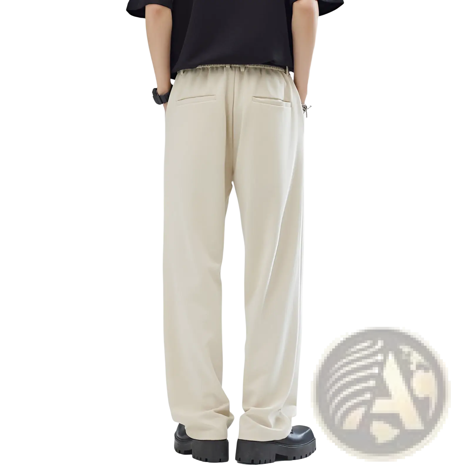 Beige men’s pleated wide leg relaxed fit trousers shown from the back with elastic waistband and two back pockets