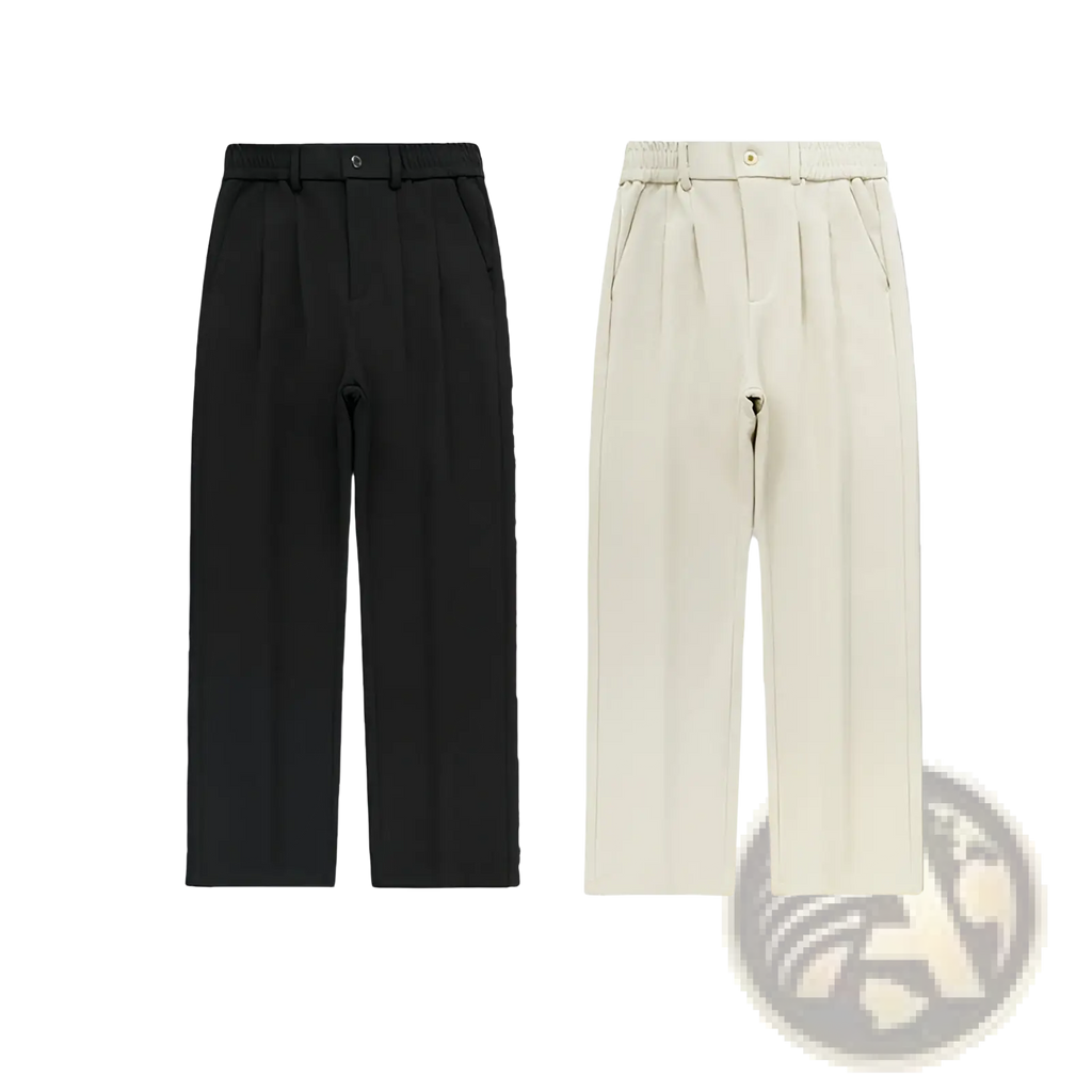 Men’s pleated wide leg relaxed fit trousers in black and beige with a sleek modern design and pleated detailing