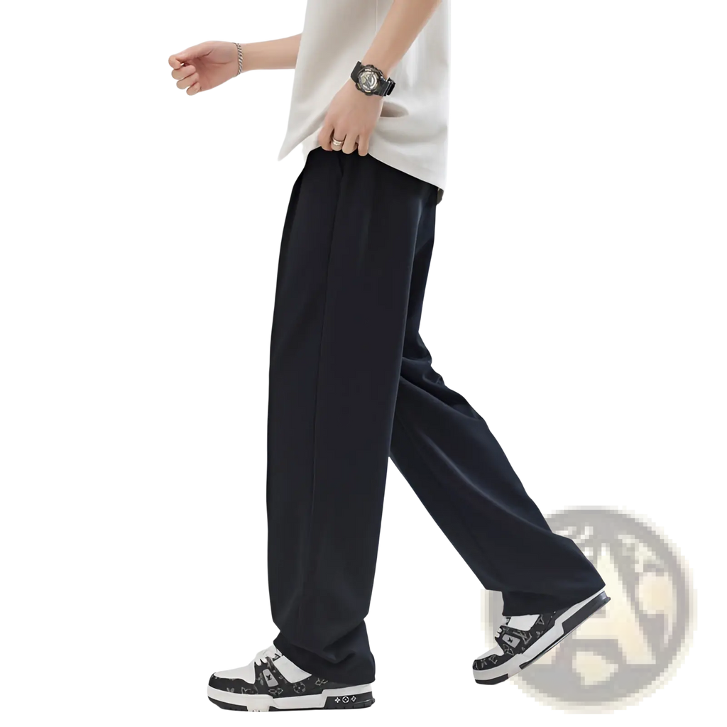 Men’s black pleated wide leg trousers with a relaxed straight-cut silhouette for comfortable formal wear