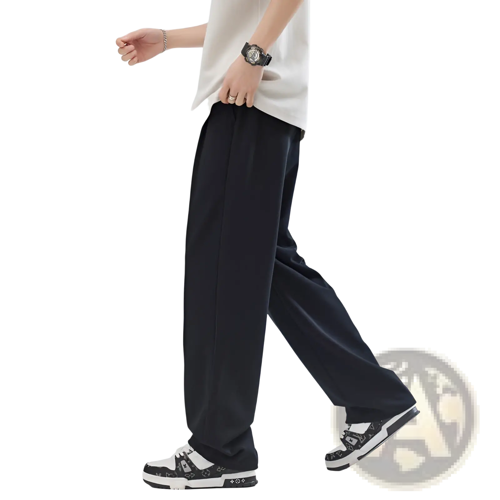 Men’s black pleated wide leg trousers with a relaxed straight-cut silhouette for comfortable formal wear