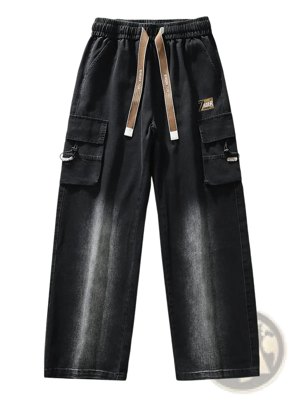 Men’s plus size black denim wide leg cargo pants with drawstring waistband and multiple pockets