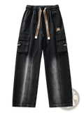 Men’s plus size black denim wide leg cargo pants with drawstring waistband and multiple pockets