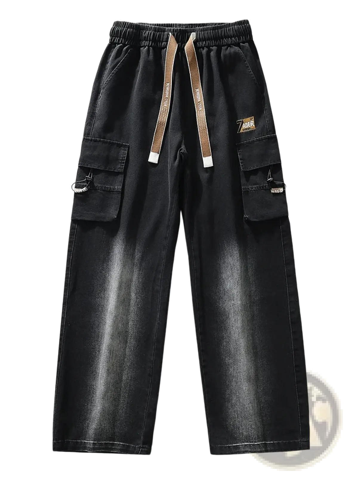 Men’s plus size black denim wide leg cargo pants with drawstring waistband and multiple pockets