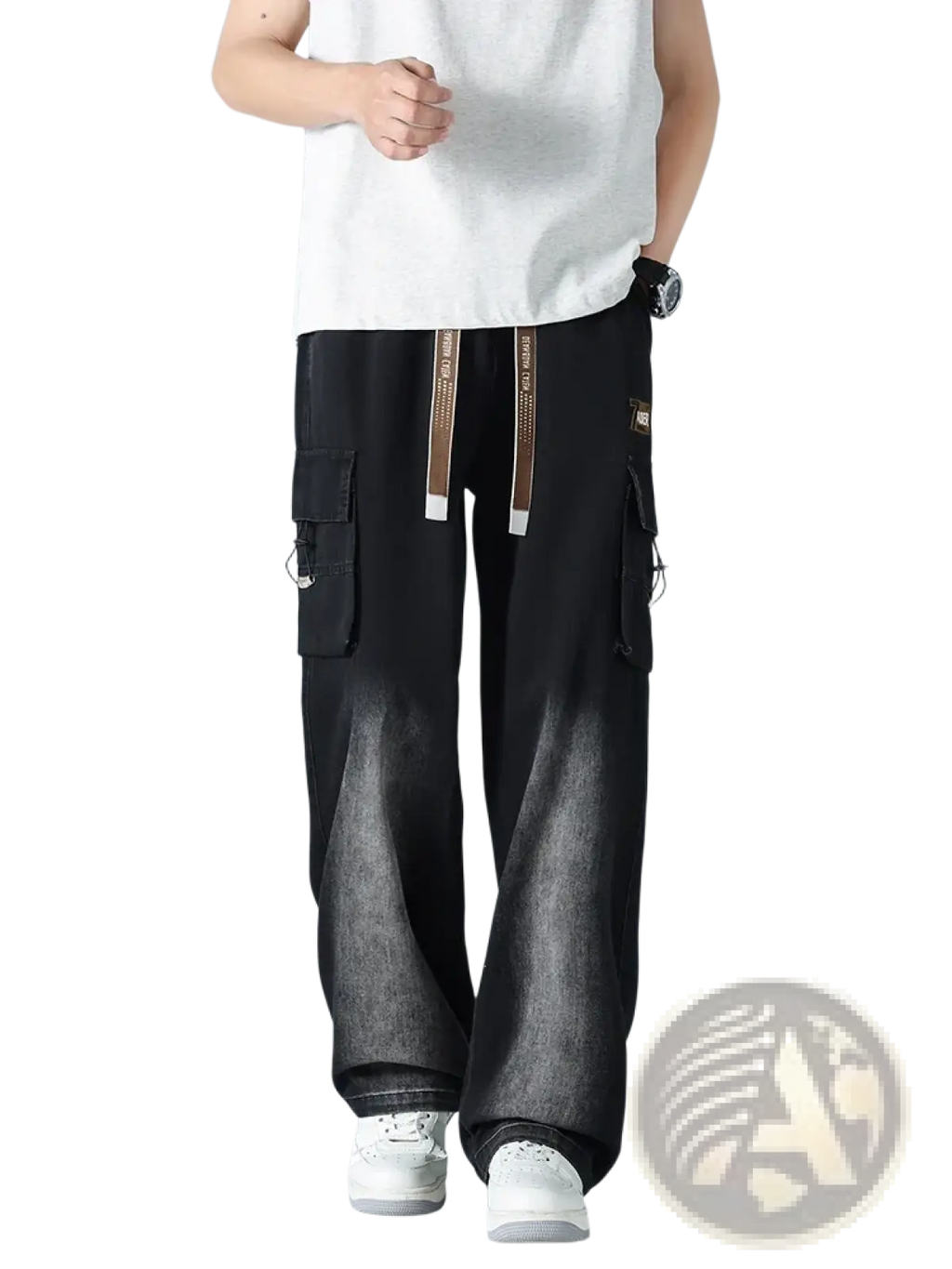 Men’s plus size baggy cargo jeans in black faded denim with a brown drawstring waistband and cargo pockets