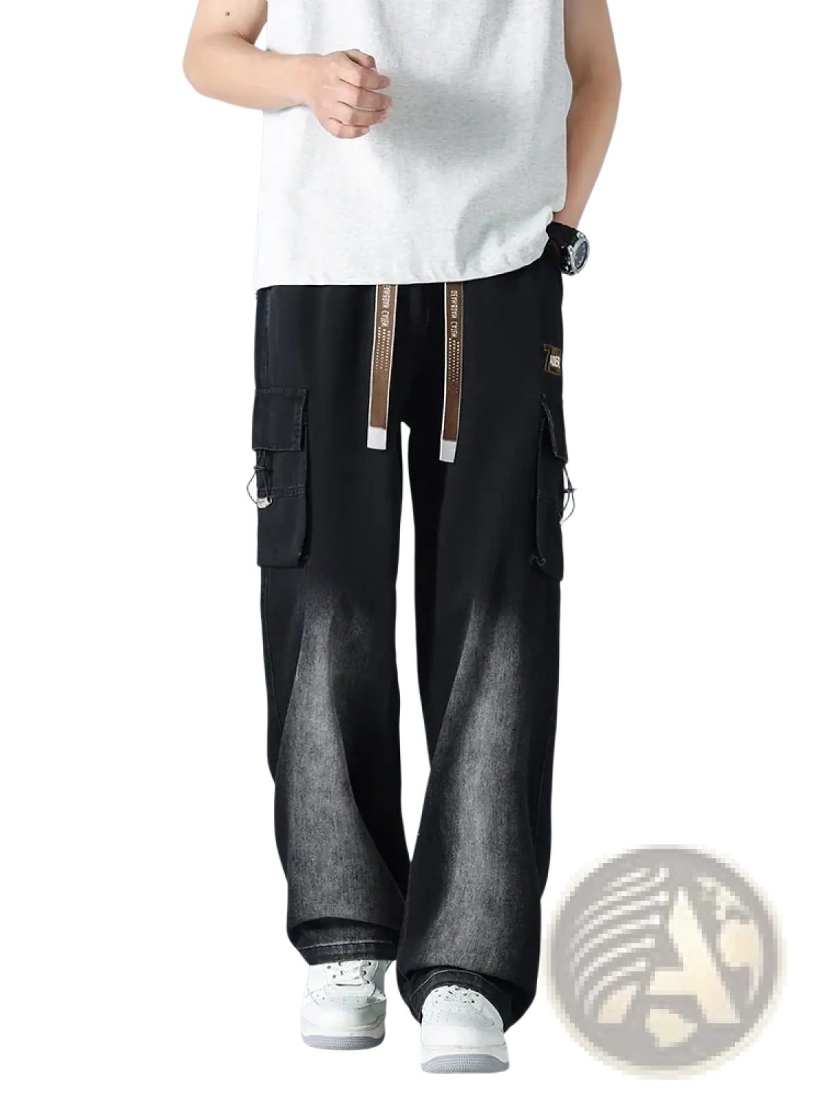 Men’s plus size baggy cargo jeans in black faded denim with a brown drawstring waistband and cargo pockets