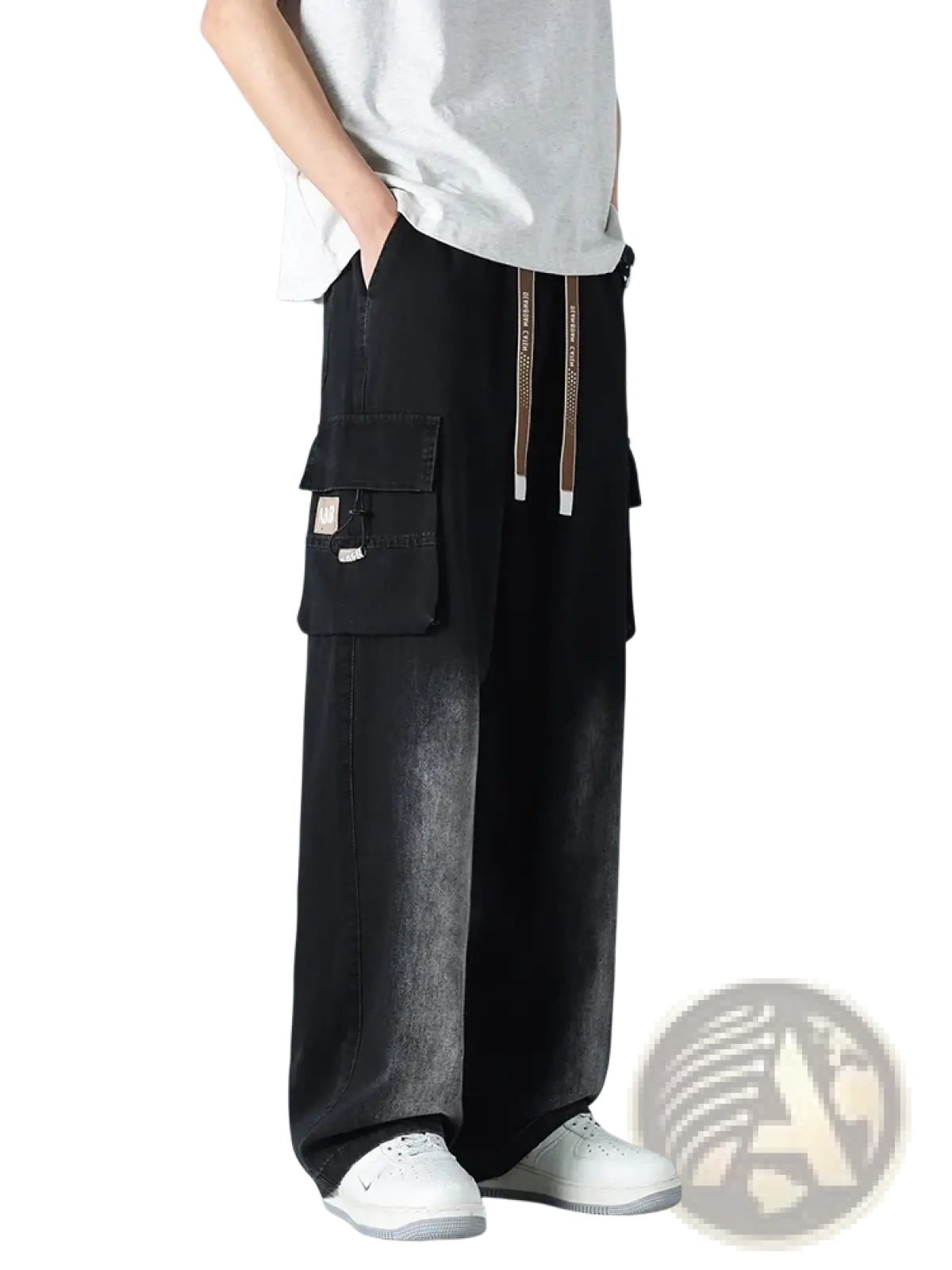 Men’s plus size baggy cargo jeans denim trousers in black with faded distressed wash and multiple pockets