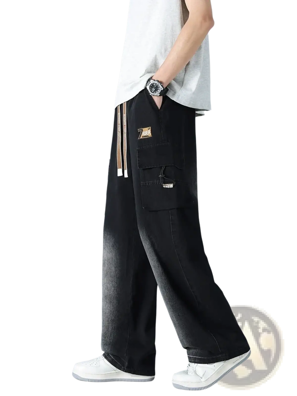 Men’s plus size baggy black denim cargo trousers with faded gradient, multiple pockets, and side waistband drawstrings