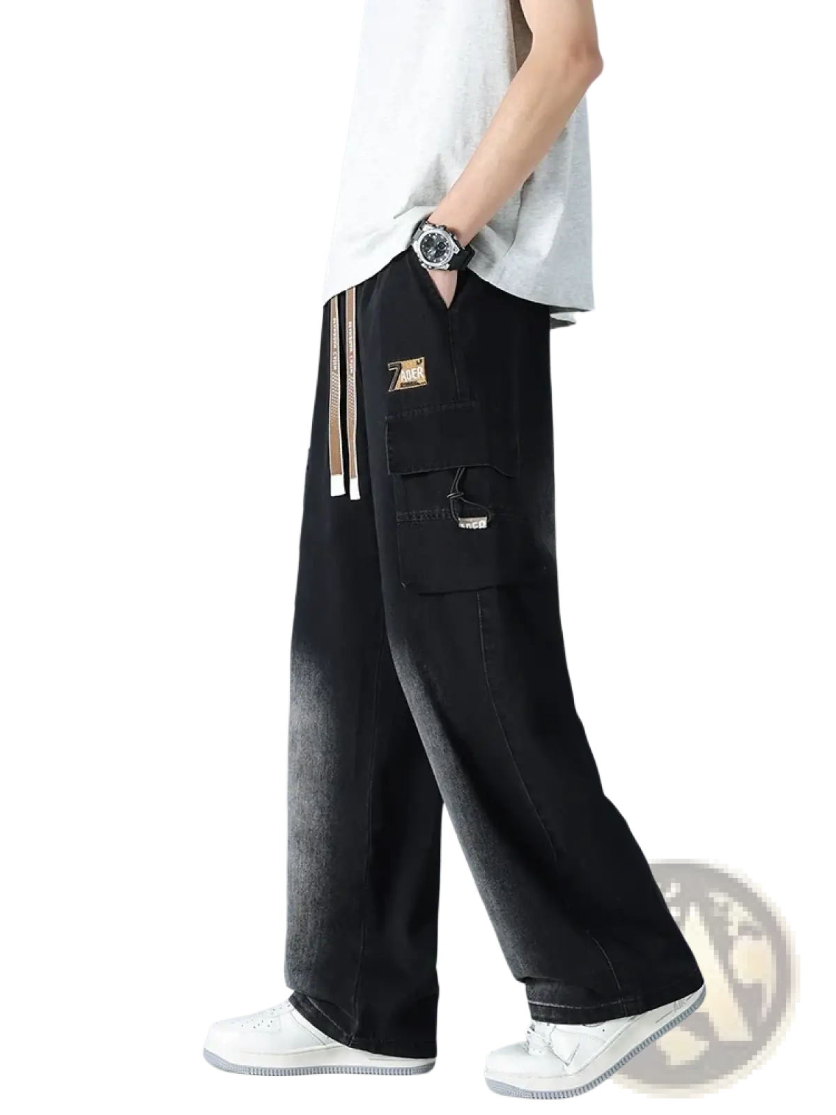 Men’s plus size baggy black denim cargo trousers with faded gradient, multiple pockets, and side waistband drawstrings