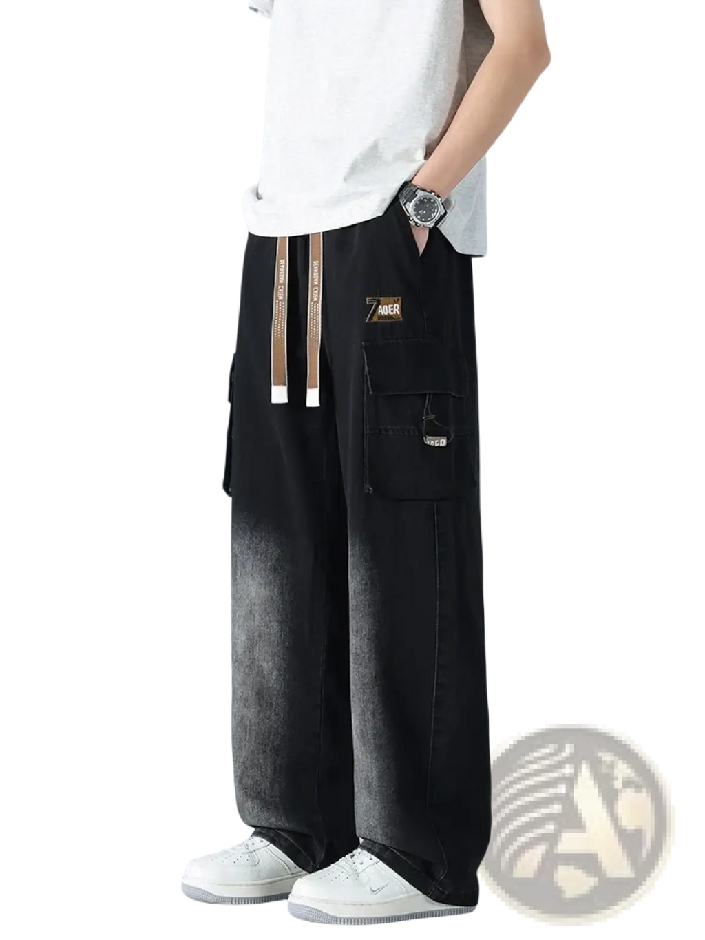 Men’s plus size baggy cargo jeans in faded black denim with multiple pockets brown drawstrings and embroidered patches