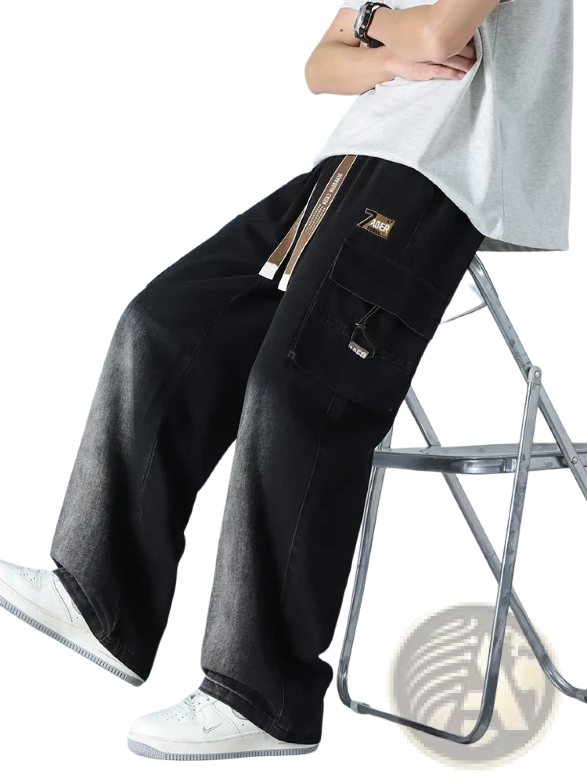 Men’s plus size black baggy cargo denim trousers with multiple pockets and drawstring waistband front view