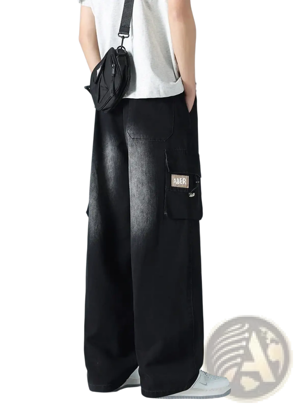 Men’s plus size black wide-leg cargo jeans with faded denim texture and multiple pockets including ader patch