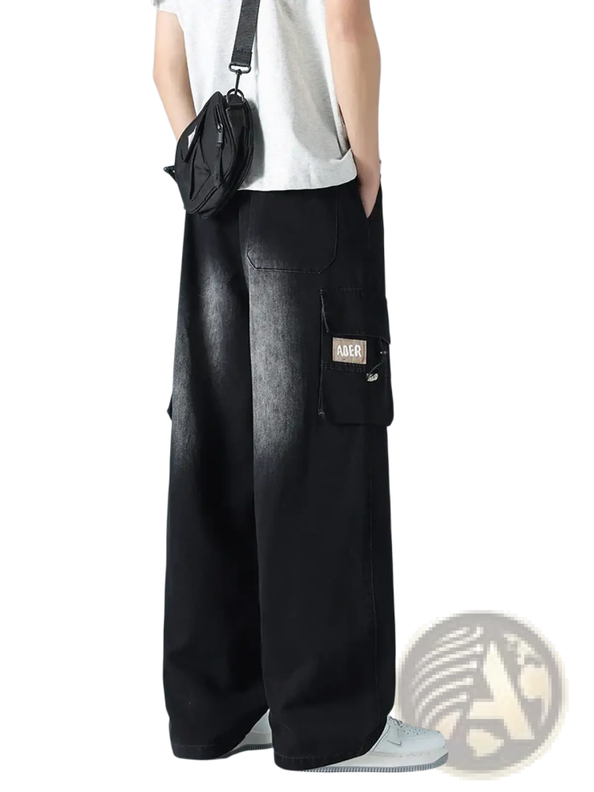 Men’s plus size black wide-leg cargo jeans with faded denim texture and multiple pockets including ader patch