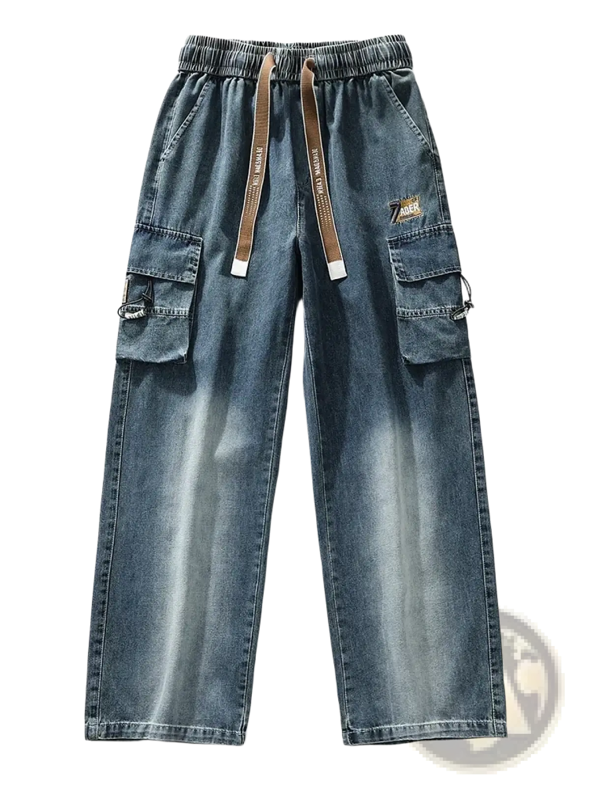 Men’s plus size baggy cargo jeans denim trousers in blue faded wash with elastic waistband and brown drawstrings