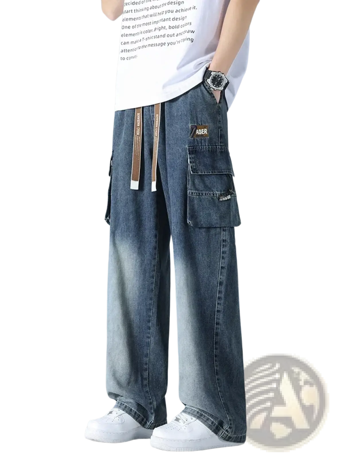 Men’s plus size baggy cargo jeans denim trousers in blue with multiple pockets and a faded wash on front side