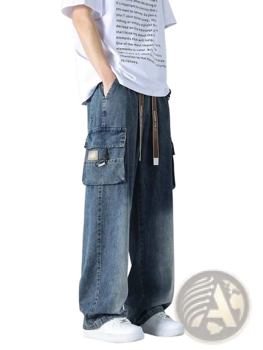 Men’s plus size baggy blue denim cargo jeans with multiple pockets and a drawstring waistband