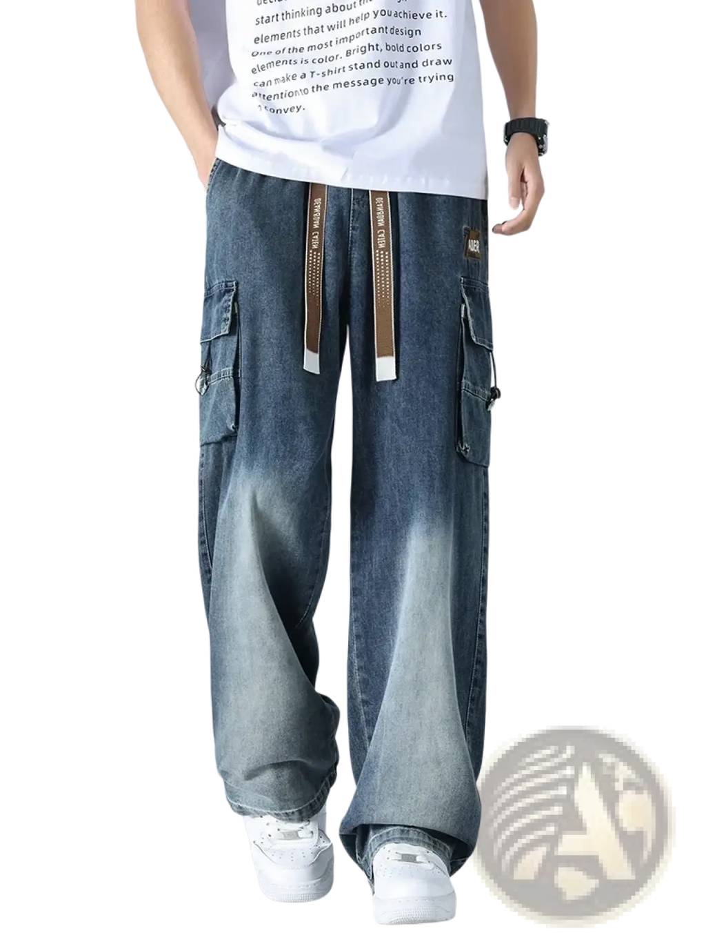 Men’s plus size baggy blue denim cargo jeans with multiple pockets and brown drawstrings