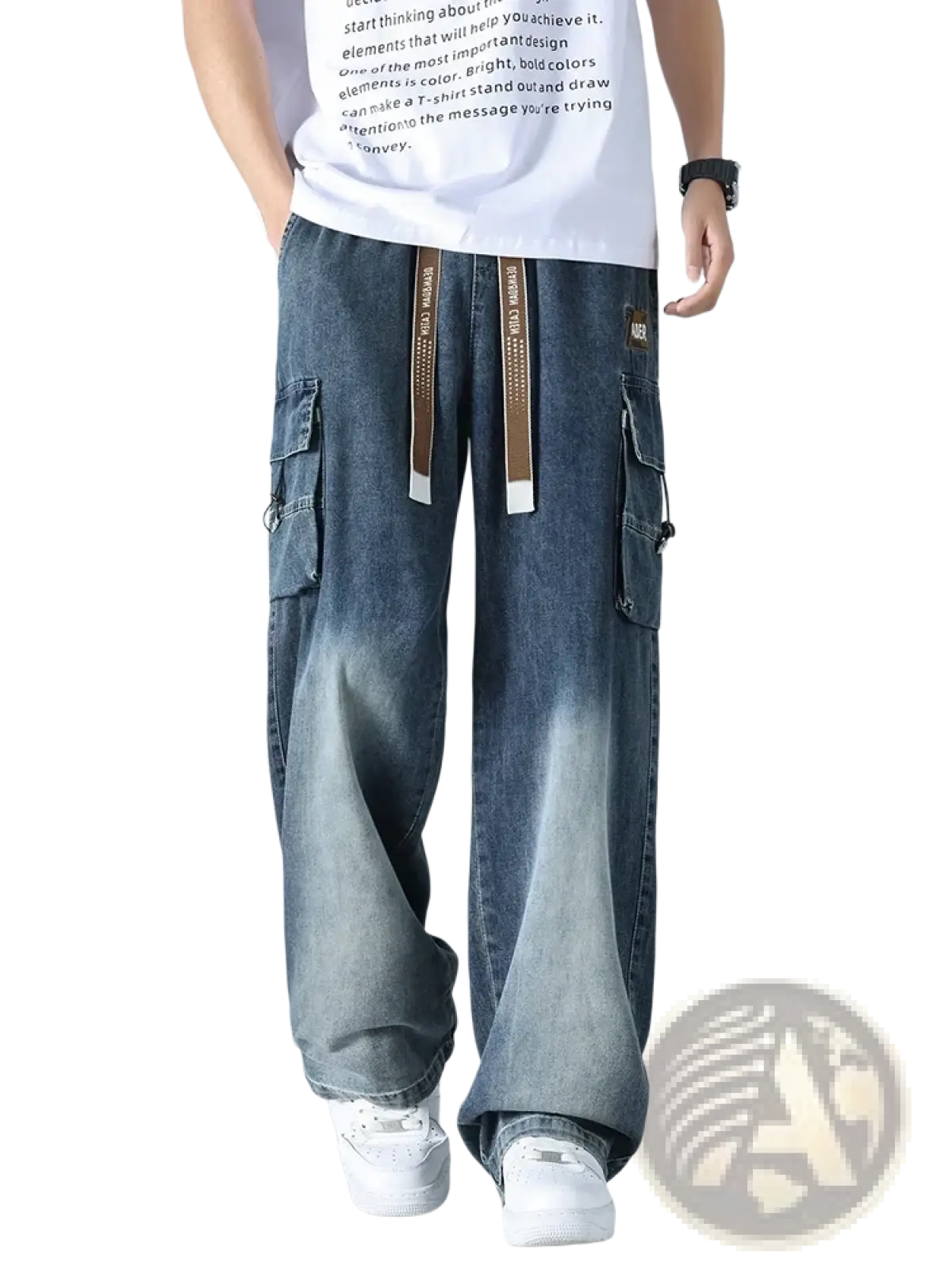 Men’s plus size baggy blue denim cargo jeans with multiple pockets and brown drawstrings